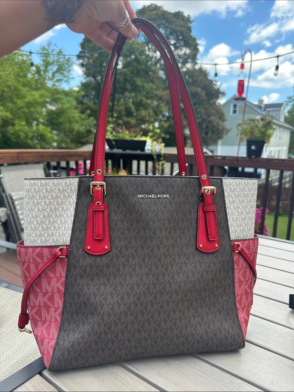 Michael Kors Brown, Red and White Signature Tote